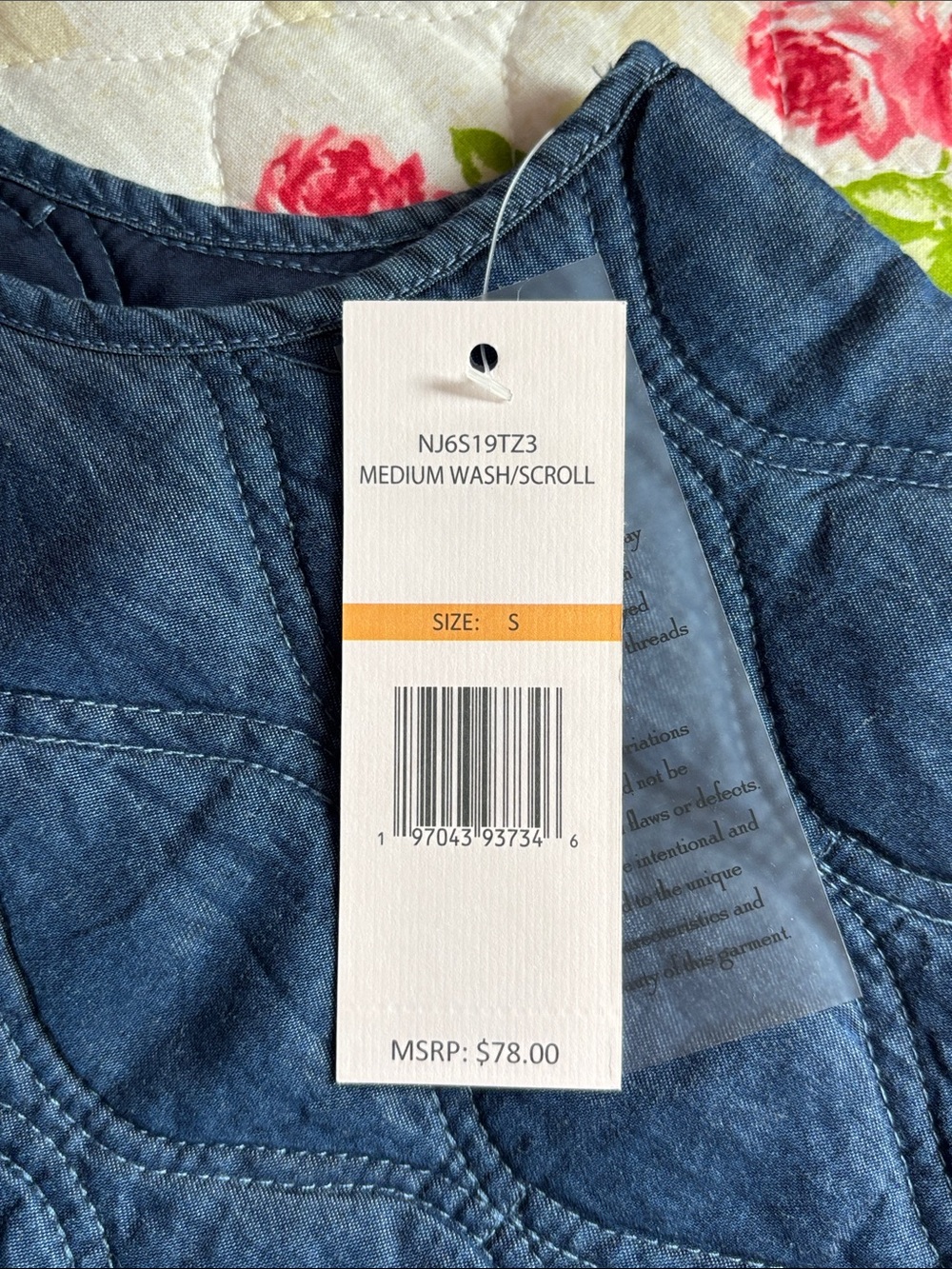 Nanette Lepore Scroll Quilted Tie Front Washed Denim Vest - Picture 3 of 7